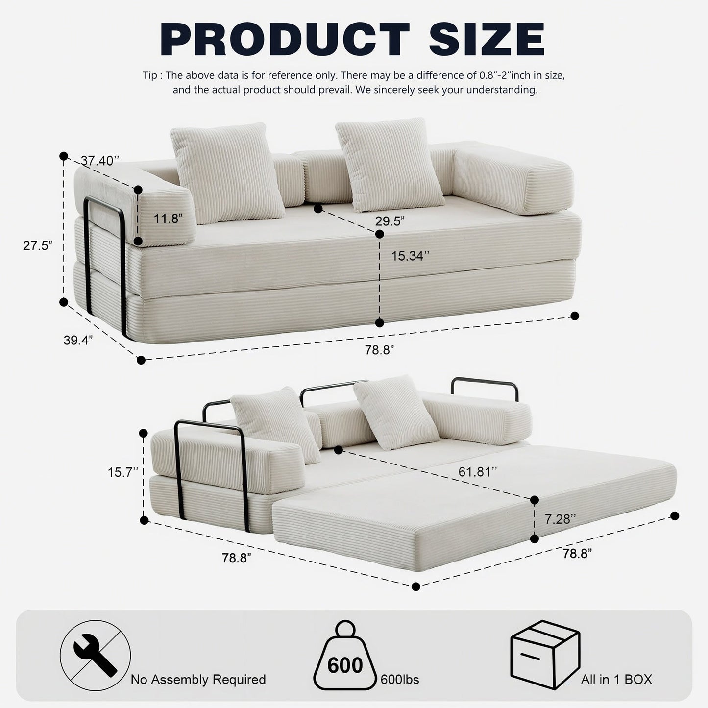 Canapé-lit convertible de 78,8 cm avec coussin de soutien dorsal et accoudoirs