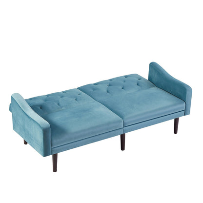 Canapé-lit 3 places en velours avec deux coussins décoratifs et cadre en bois massif pour le salon