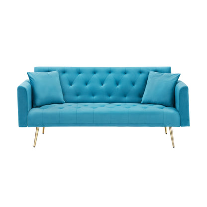 Canapé convertible 3 places en velours avec deux coussins décoratifs et pieds en métal pour le salon