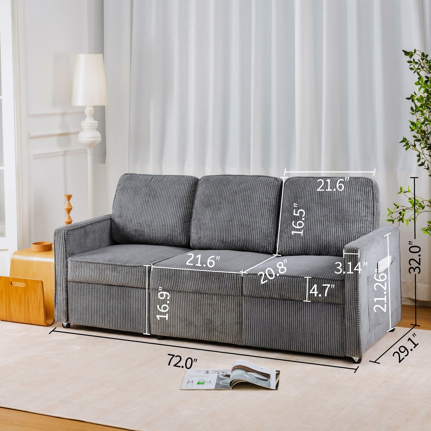 Canapé 3 places en velours côtelé 72,64 avec coussins en éponge haute densité et à ressorts