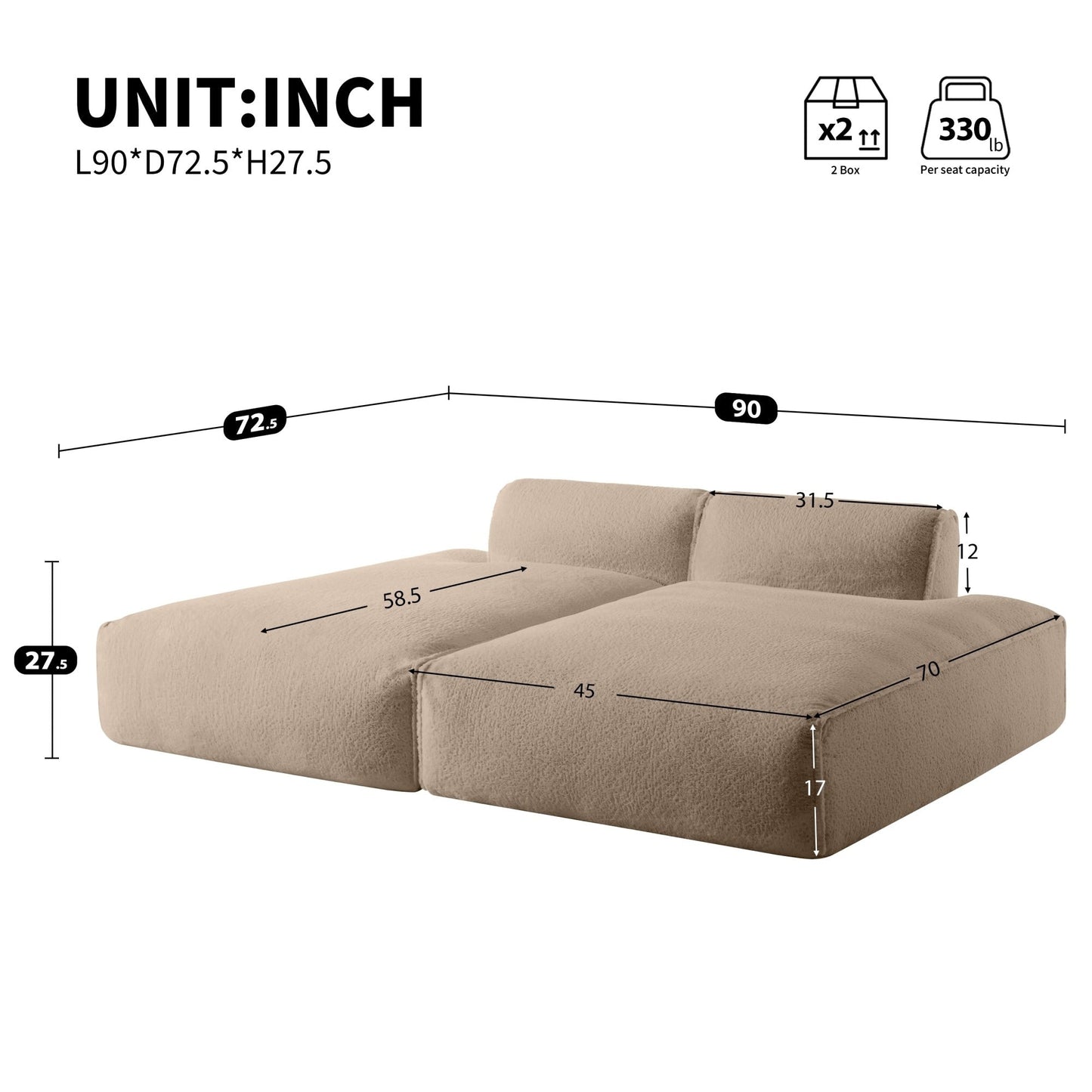 Canapé-lit modulaire surdimensionné de 72 pouces, spacieux et rempli de mousse compressée
