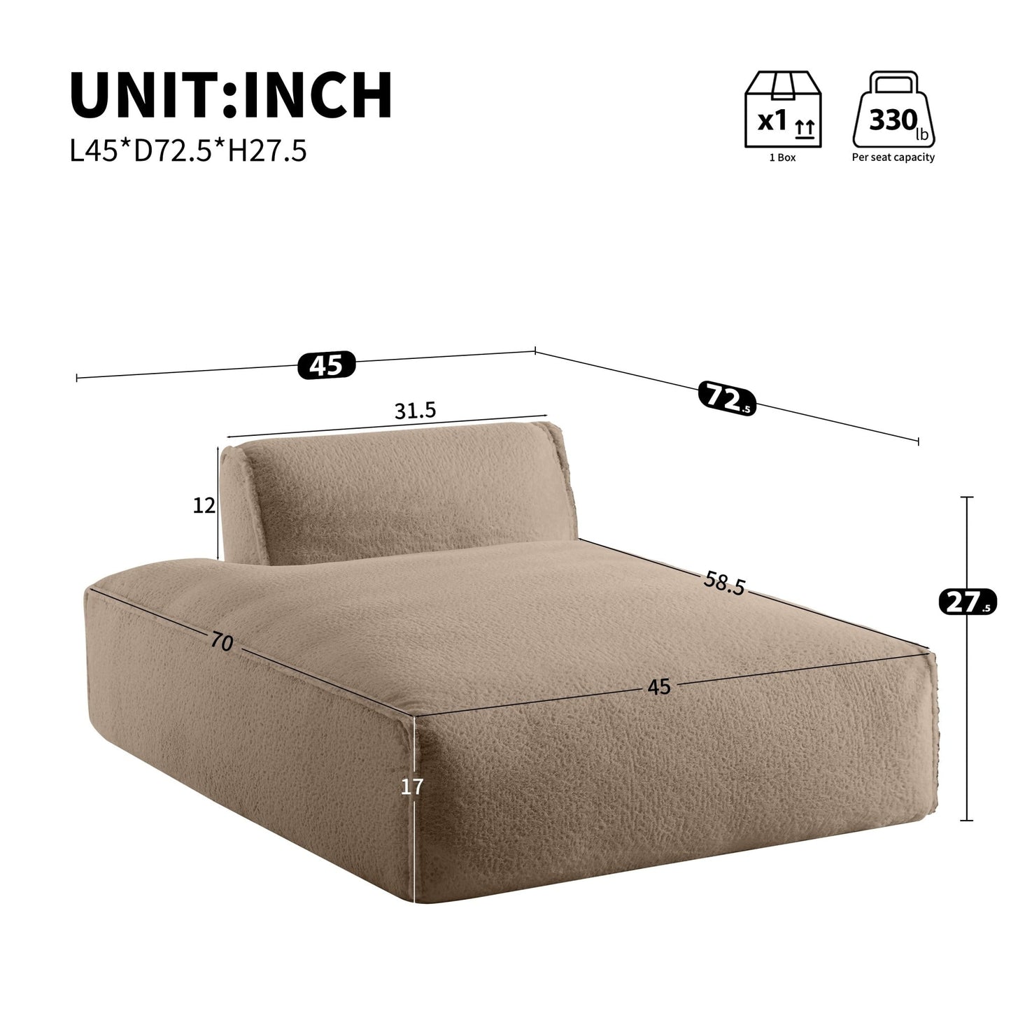 Canapé-lit modulaire surdimensionné de 72 pouces, spacieux et rempli de mousse compressée