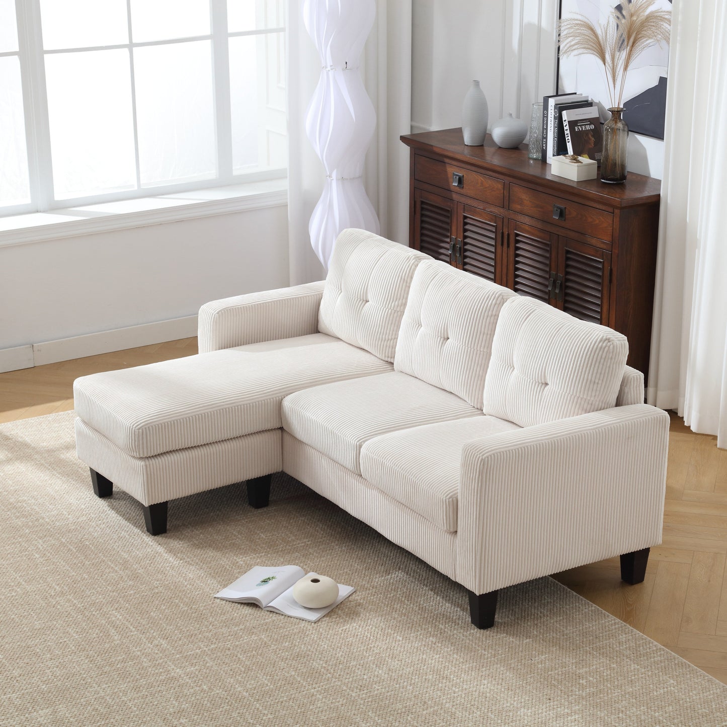 Canapé 3 places en velours en forme de L de 73,62 pouces avec méridienne réversible, montage facile et design adapté aux animaux de compagnie