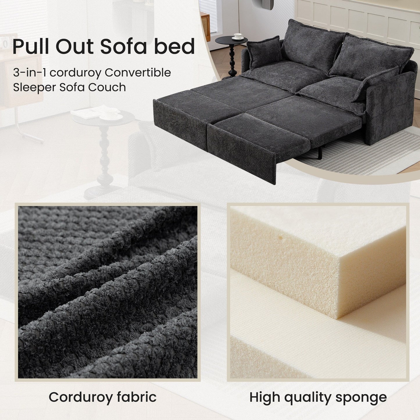 Canapé-lit convertible 3 en 1 en velours côtelé de 73,6 po avec lit gigogne, ports de chargement USB et rangement latéral