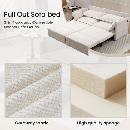 Canapé-lit convertible 3 en 1 en velours côtelé de 73,6 po avec lit gigogne, ports de chargement USB et rangement latéral