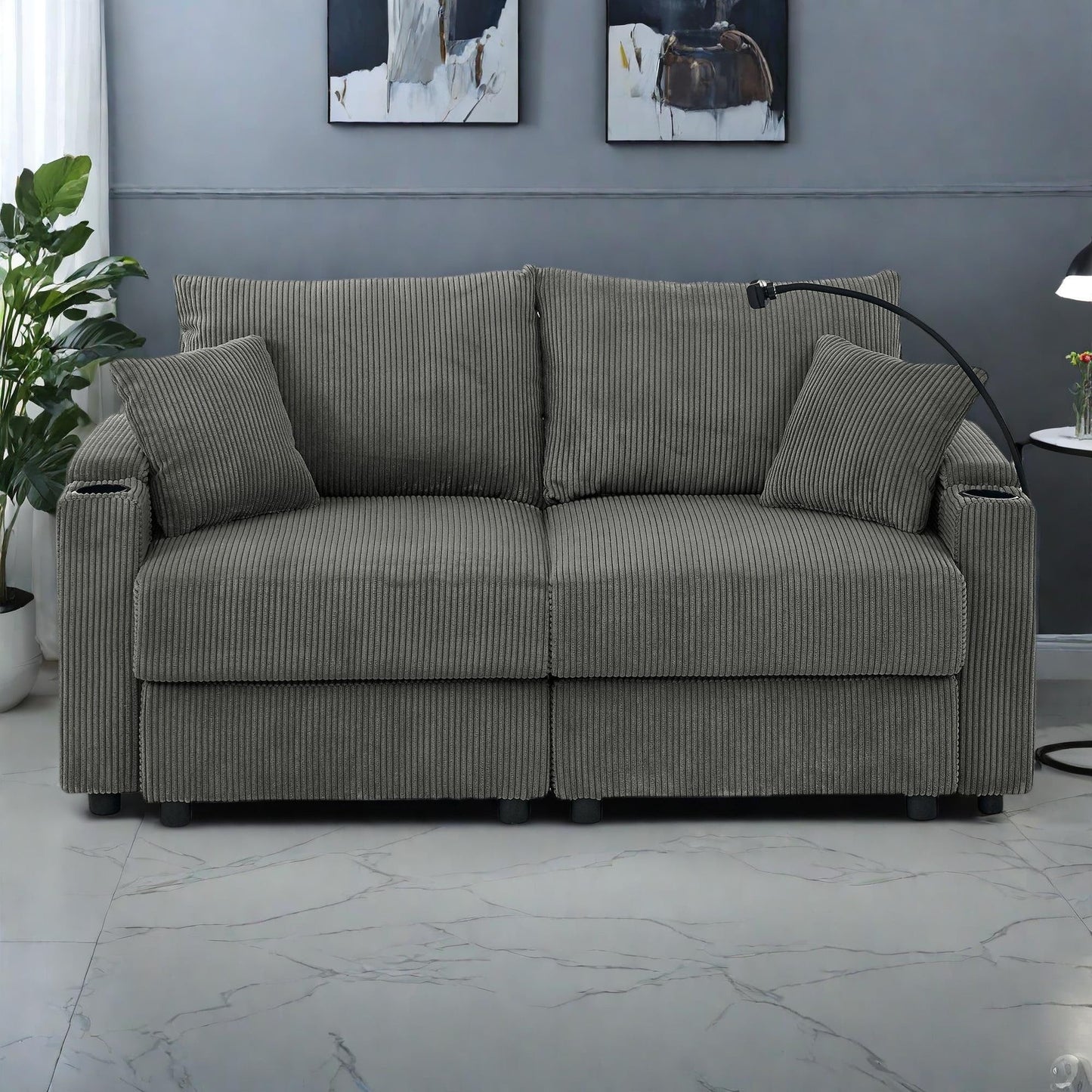 Canapé 2 places moderne en velours côtelé 73, assise profonde avec porte-gobelets et support pour téléphone