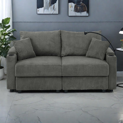 Canapé 2 places moderne en velours côtelé 73, assise profonde avec porte-gobelets et support pour téléphone