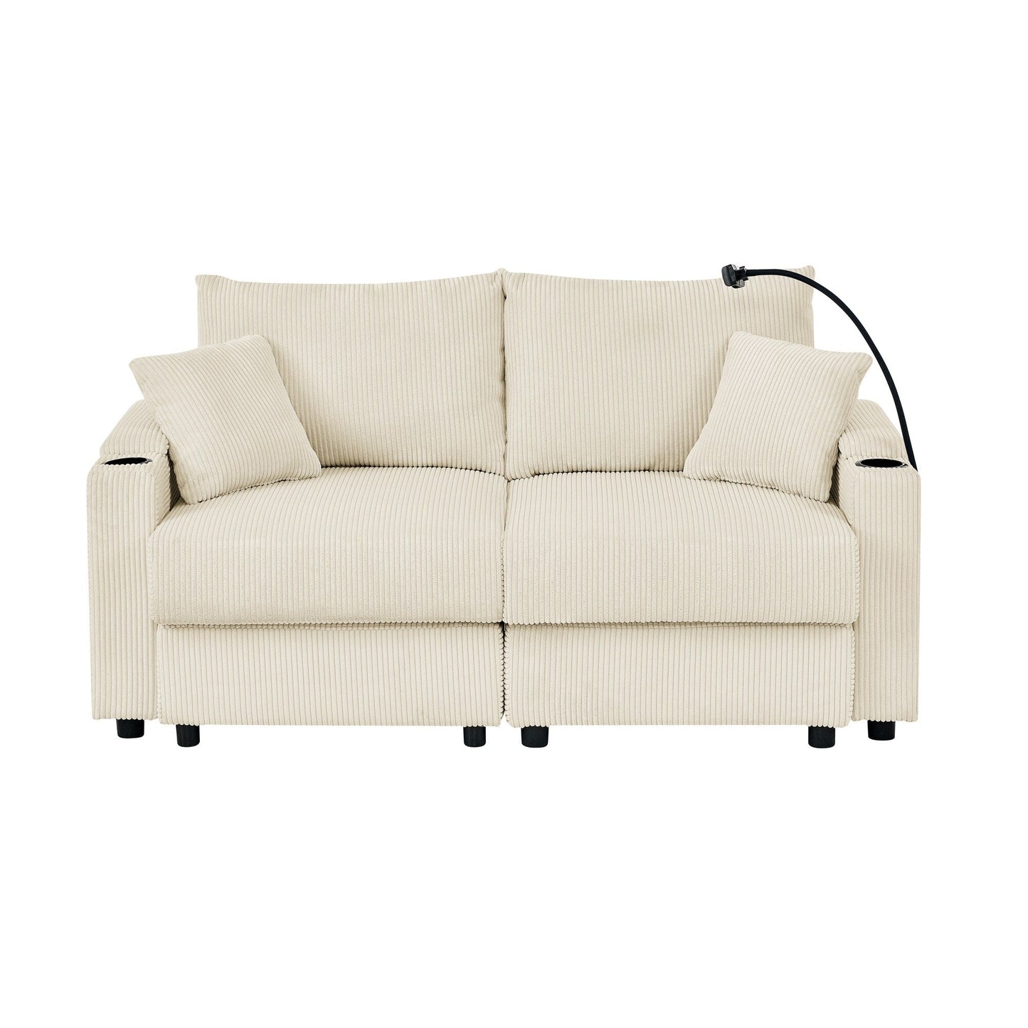 Canapé 2 places moderne en velours côtelé 73, assise profonde avec porte-gobelets et support pour téléphone