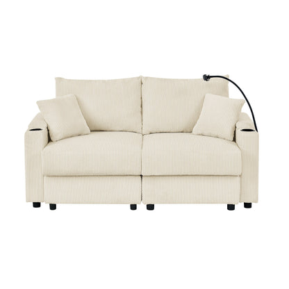 Canapé 2 places moderne en velours côtelé 73, assise profonde avec porte-gobelets et support pour téléphone