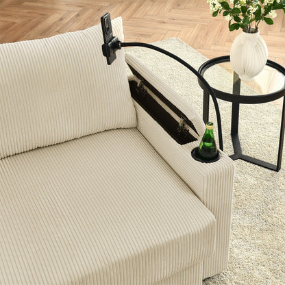 Canapé 2 places moderne en velours côtelé 73, assise profonde avec porte-gobelets et support pour téléphone