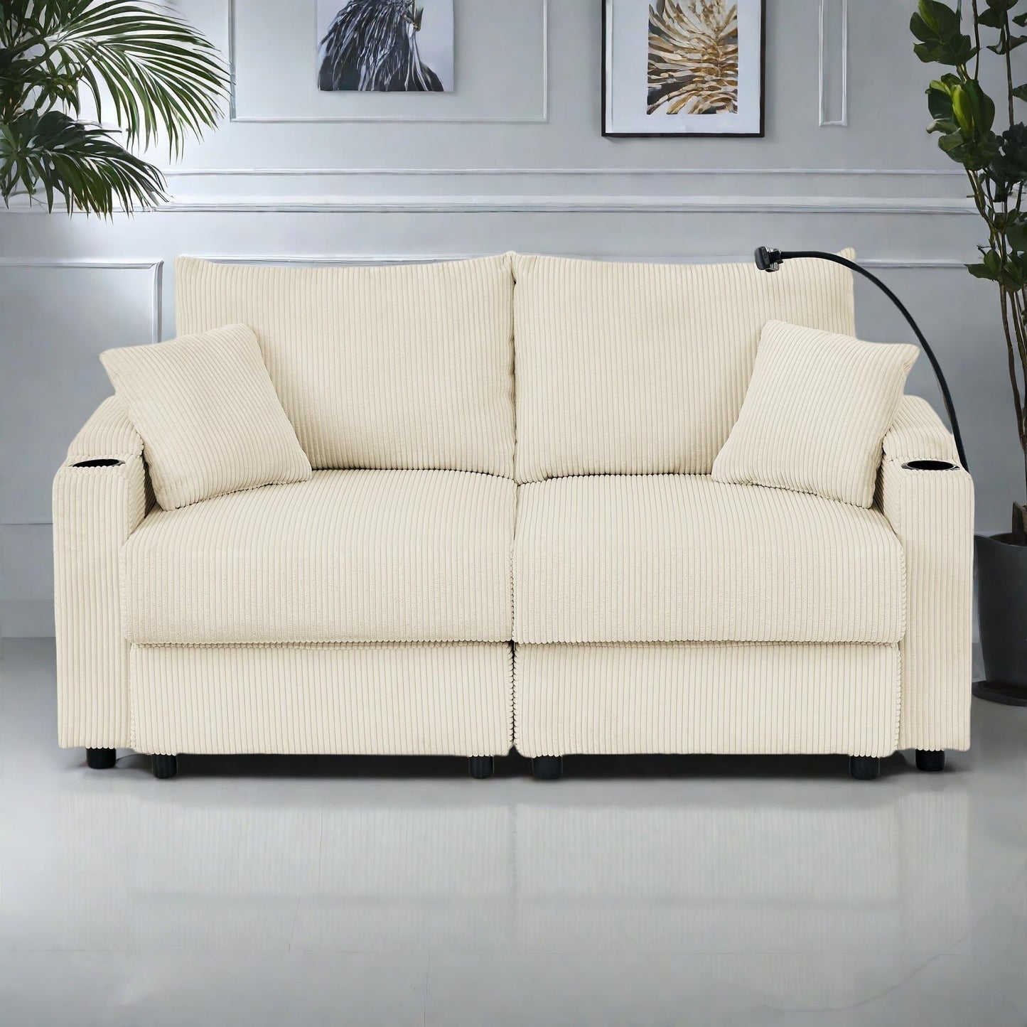 Canapé 2 places moderne en velours côtelé 73, assise profonde avec porte-gobelets et support pour téléphone