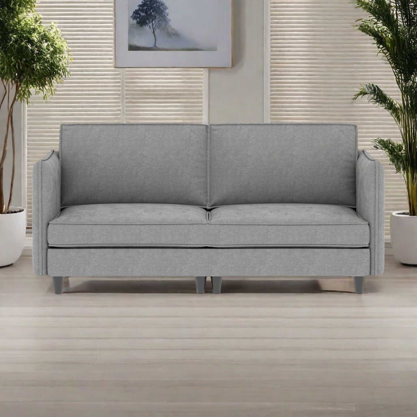 Canapé 3 places en tissu avec ressorts ensachés et structure en bois massif, poches de rangement latérales.