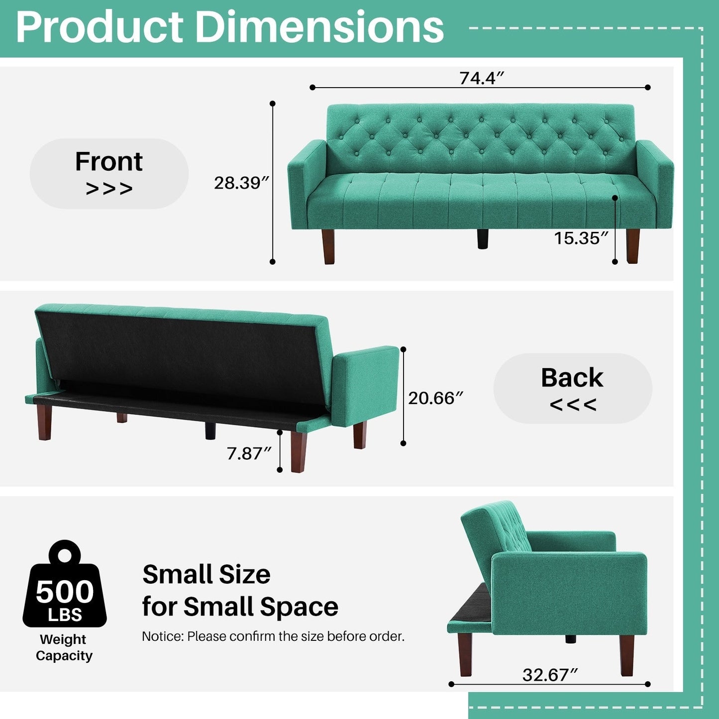 Canapé-lit futon convertible en lin pour une personne (74,41 po) avec dossier réglable (74,41 x 32,68 x 28,94 po)