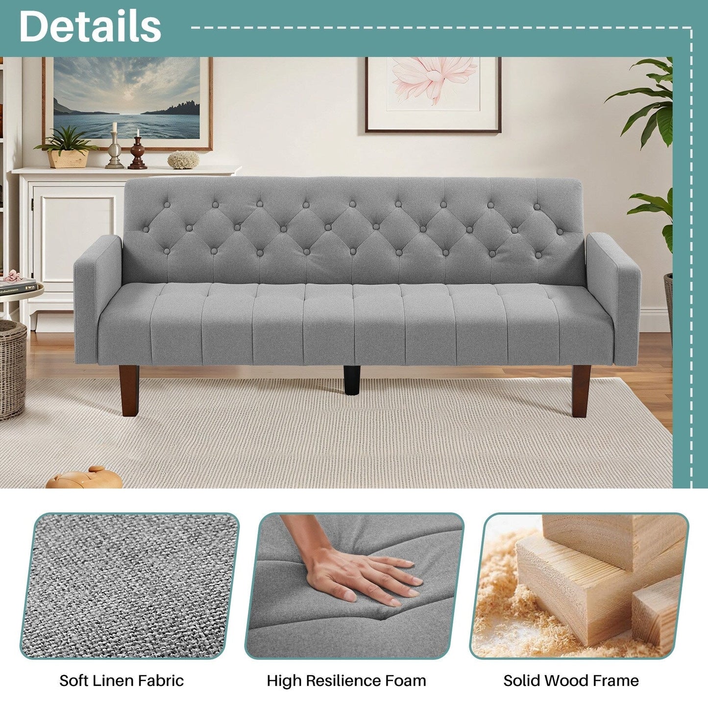 Canapé-lit futon convertible en lin pour une personne (74,41 po) avec dossier réglable (74,41 x 32,68 x 28,94 po)