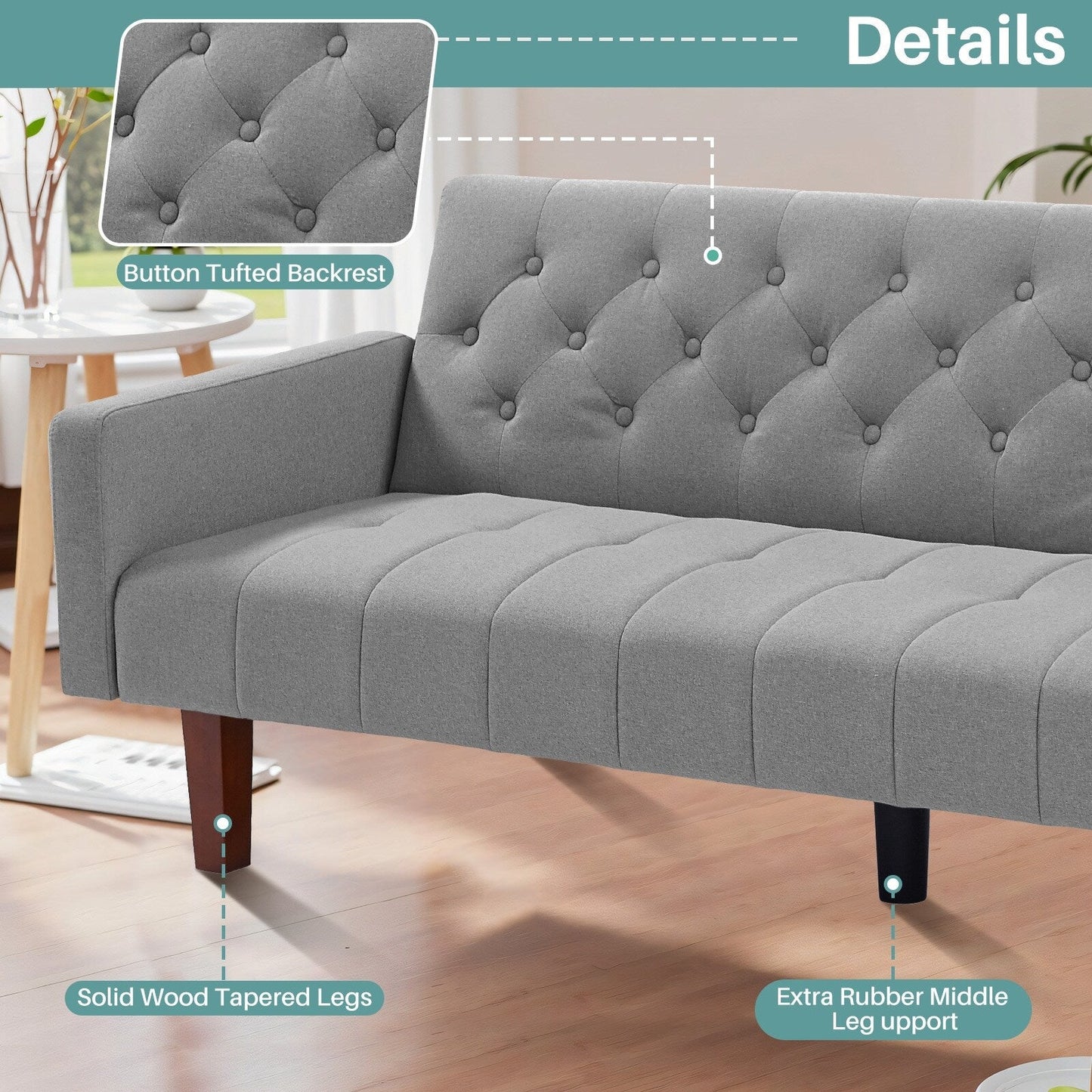 Canapé-lit futon convertible en lin pour une personne (74,41 po) avec dossier réglable (74,41 x 32,68 x 28,94 po)