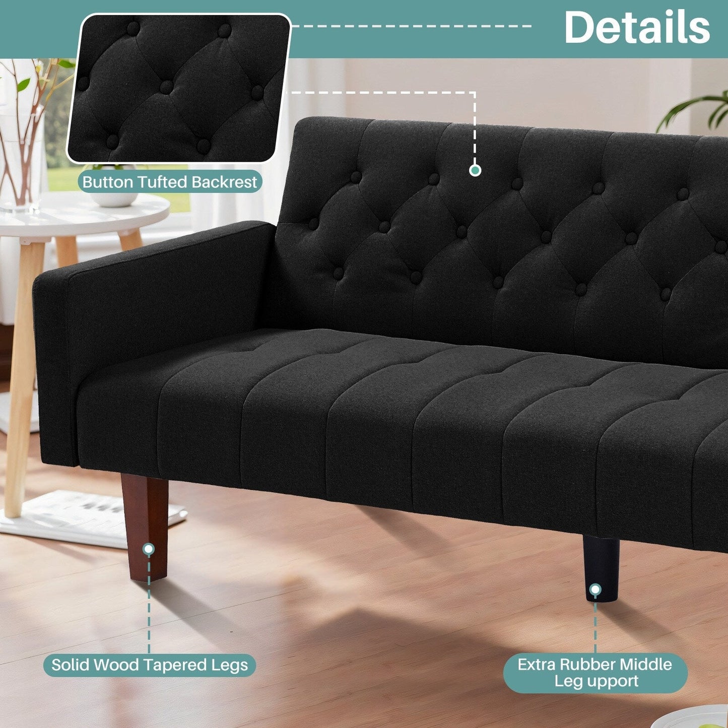 Canapé-lit futon convertible en lin pour une personne (74,41 po) avec dossier réglable (74,41 x 32,68 x 28,94 po)