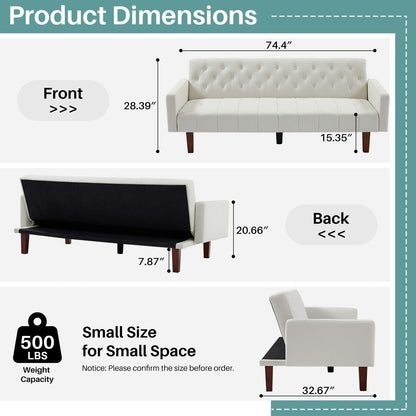 Canapé-lit futon convertible en lin pour une personne (74,41 po) avec dossier réglable (74,41 x 32,68 x 28,94 po)