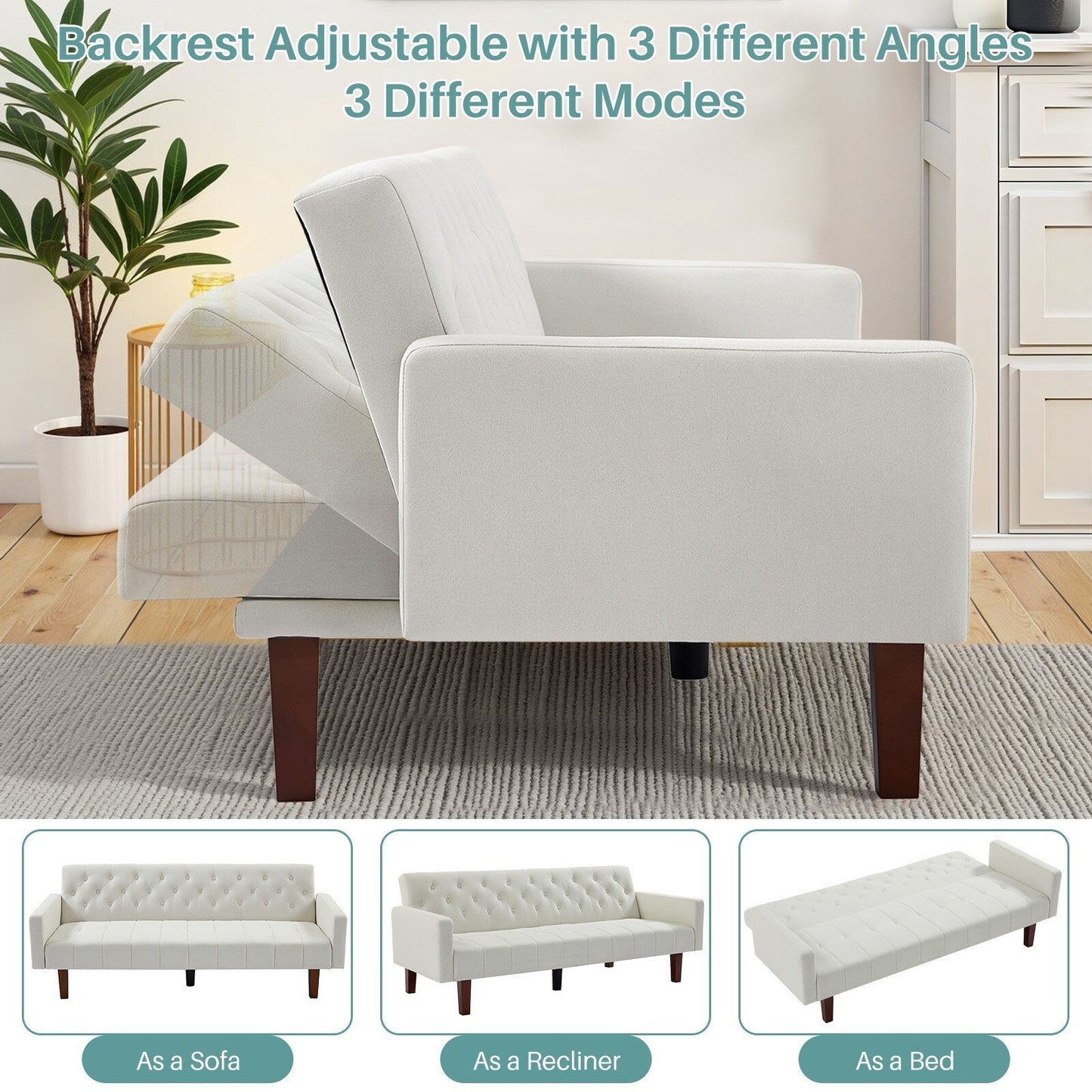 Canapé-lit futon convertible en lin pour une personne (74,41 po) avec dossier réglable (74,41 x 32,68 x 28,94 po)