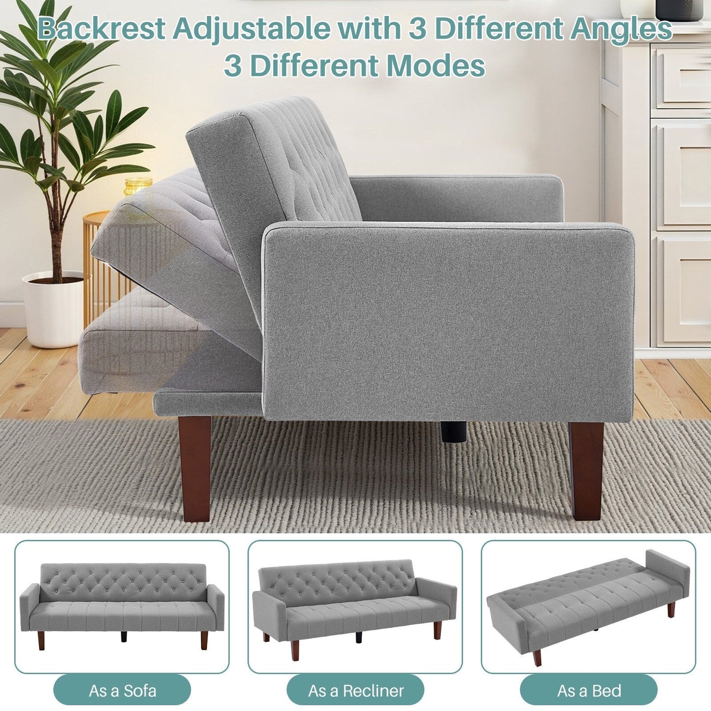 Canapé-lit futon convertible en lin pour une personne (74,41 po) avec dossier réglable (74,41 x 32,68 x 28,94 po)