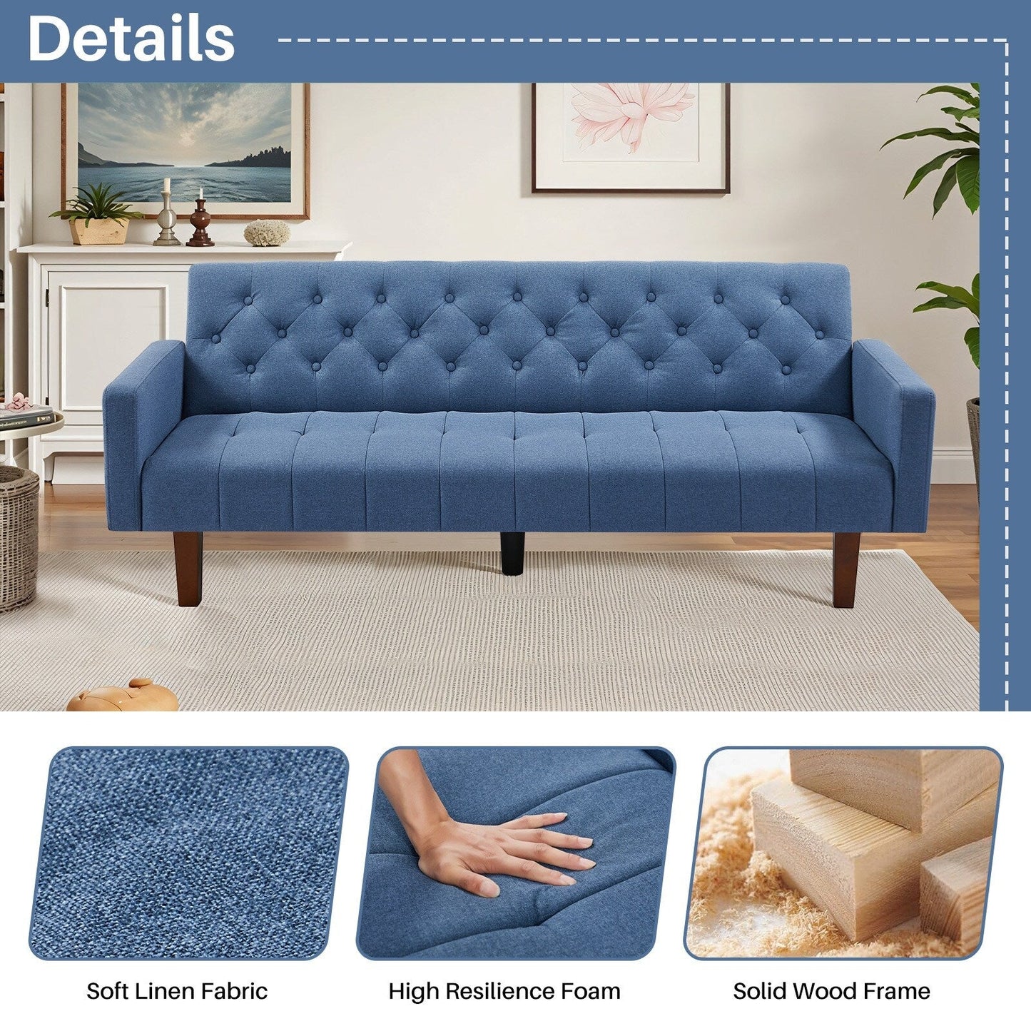 Canapé-lit futon convertible en lin pour une personne (74,41 po) avec dossier réglable (74,41 x 32,68 x 28,94 po)