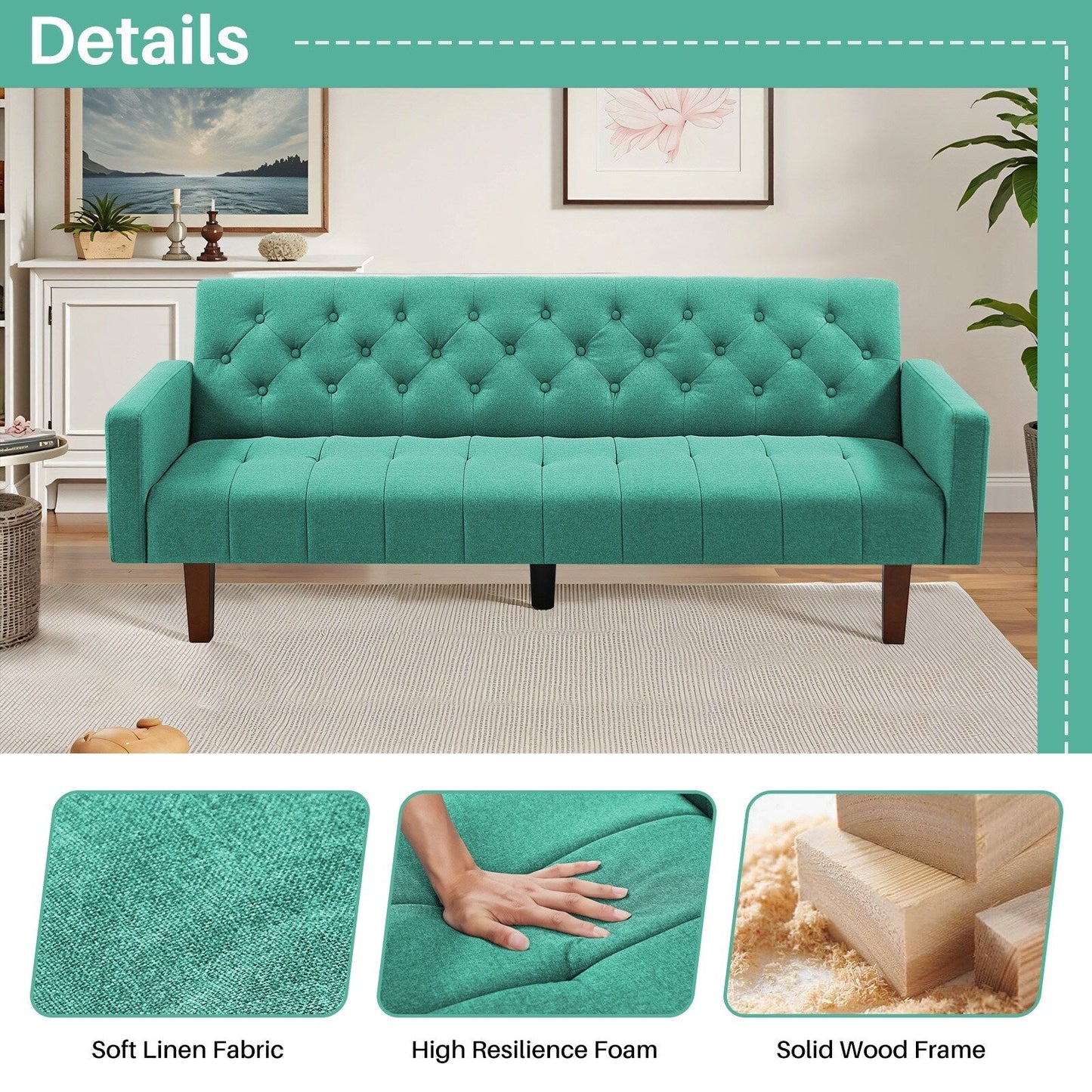 Canapé-lit futon convertible en lin pour une personne (74,41 po) avec dossier réglable (74,41 x 32,68 x 28,94 po)