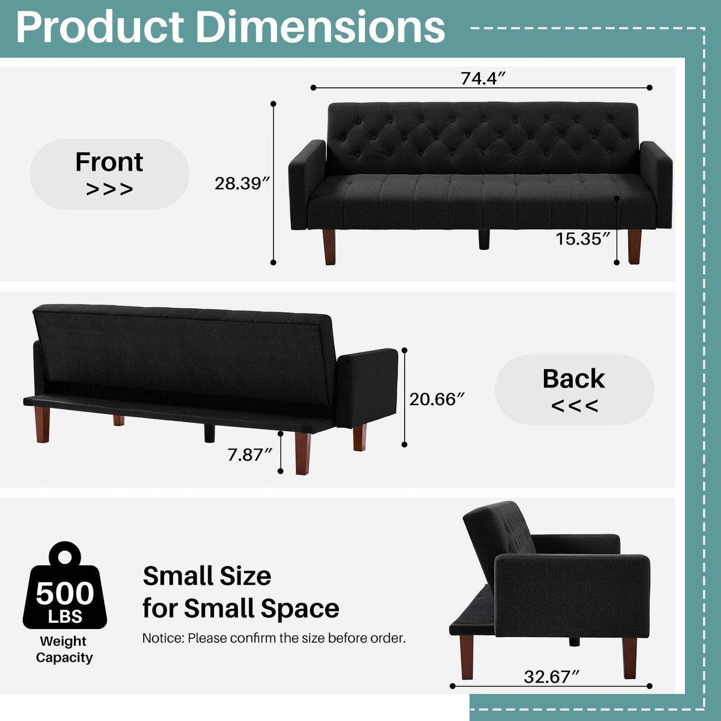 Canapé-lit futon convertible en lin pour une personne (74,41 po) avec dossier réglable (74,41 x 32,68 x 28,94 po)