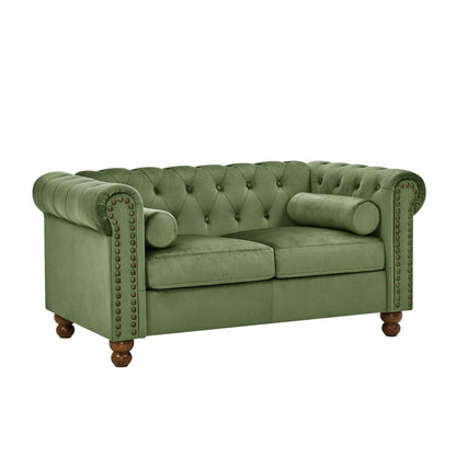 Canapé Chesterfield en velours de 74,5 pouces avec capitonnage à boutons, accoudoirs à volutes, pieds tournés et design élégant