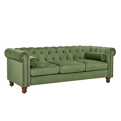 Canapé Chesterfield en velours de 74,5 pouces avec capitonnage à boutons, accoudoirs à volutes, pieds tournés et design élégant