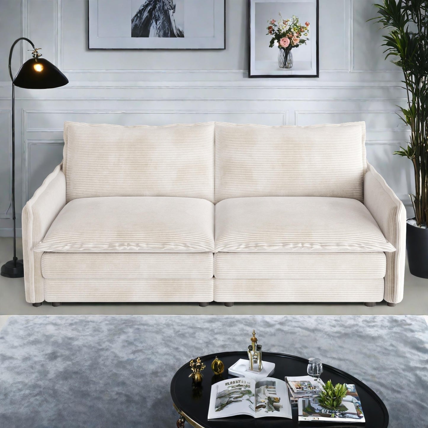 Canapé 2 places en velours côtelé 75, assise profonde avec canapé et 2 coussins pour le salon