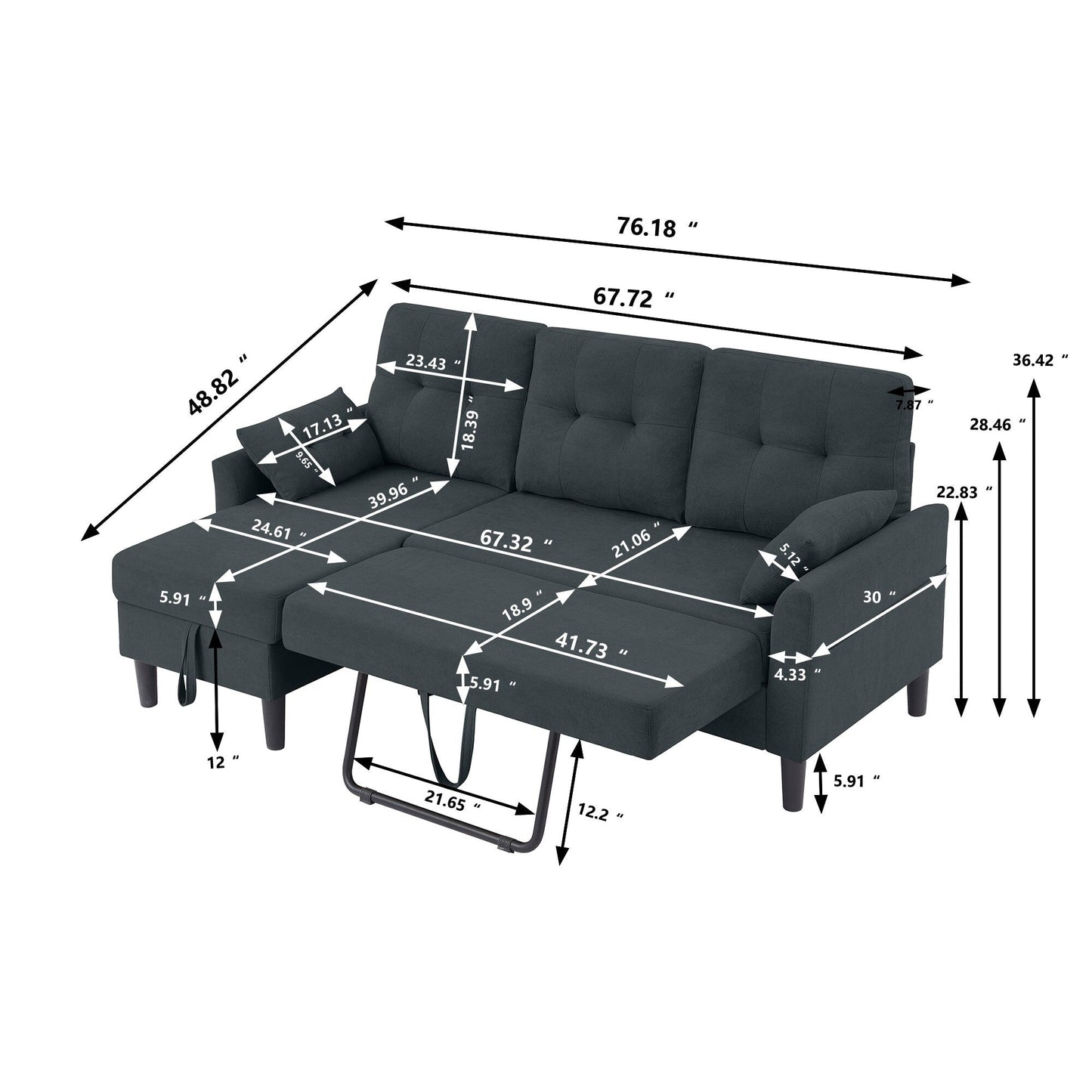 Canapé-lit gigogne rembourré 76,18 avec méridienne de rangement