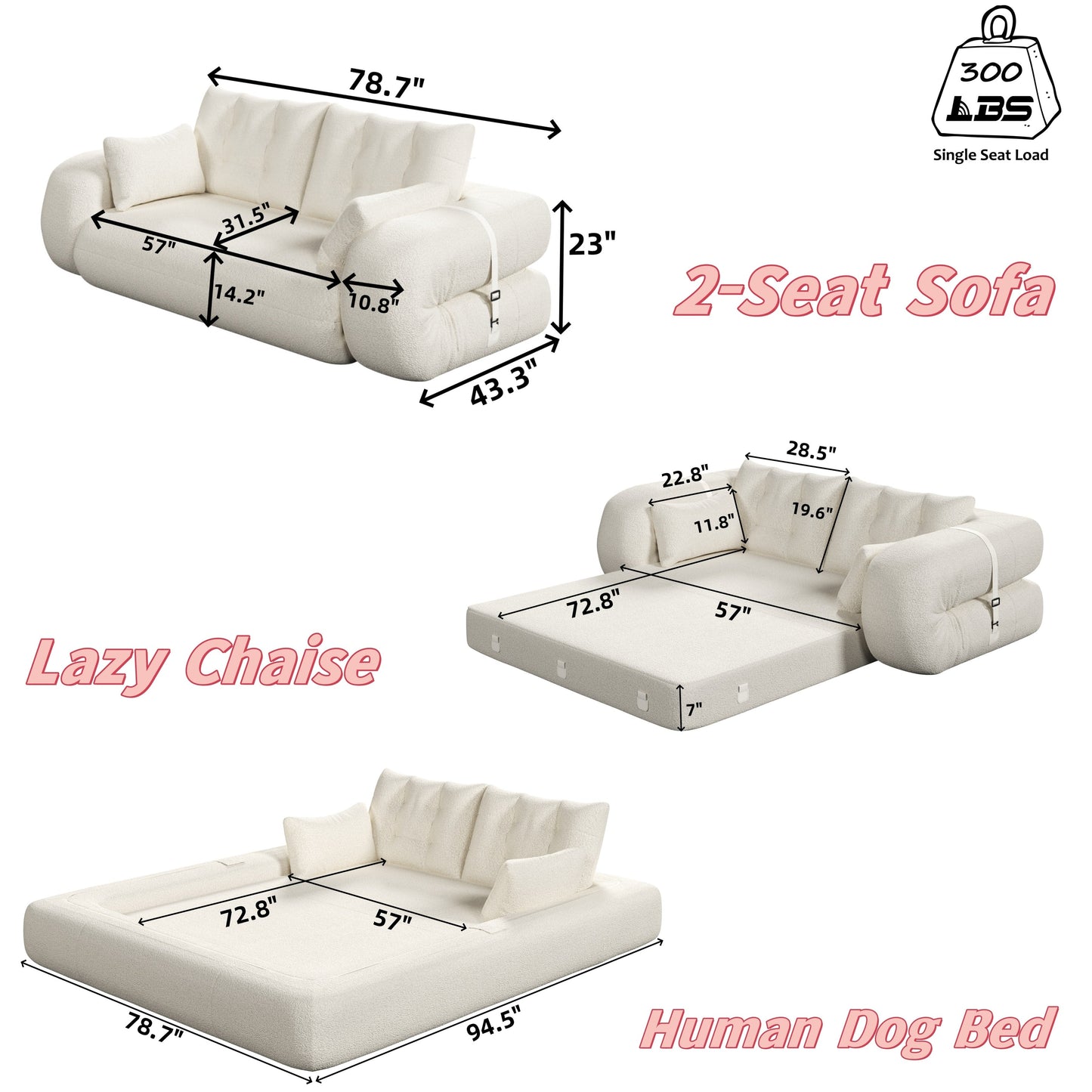 Lit pour chien 78,7 pouces, canapé-lit pliant 3 en 1