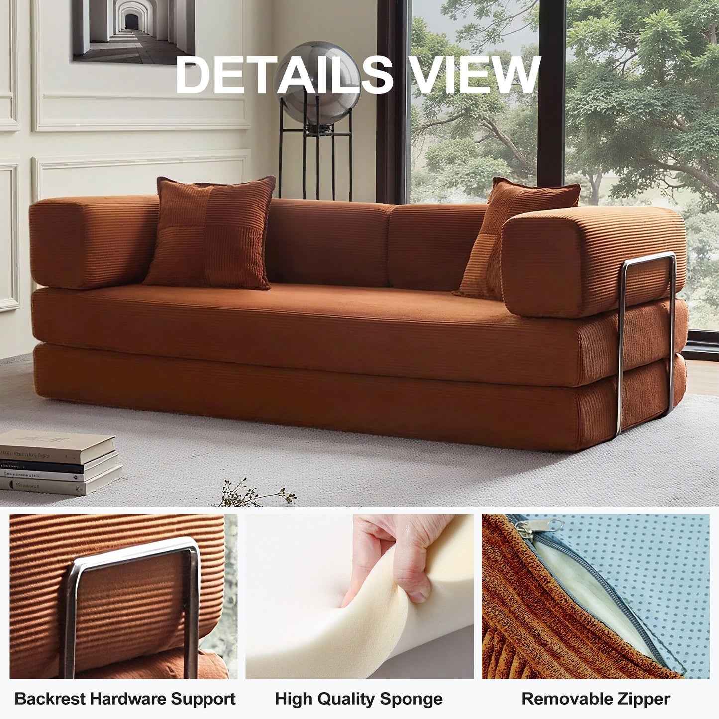 Canapé-lit convertible de 78,8 cm avec coussin de soutien dorsal et accoudoirs