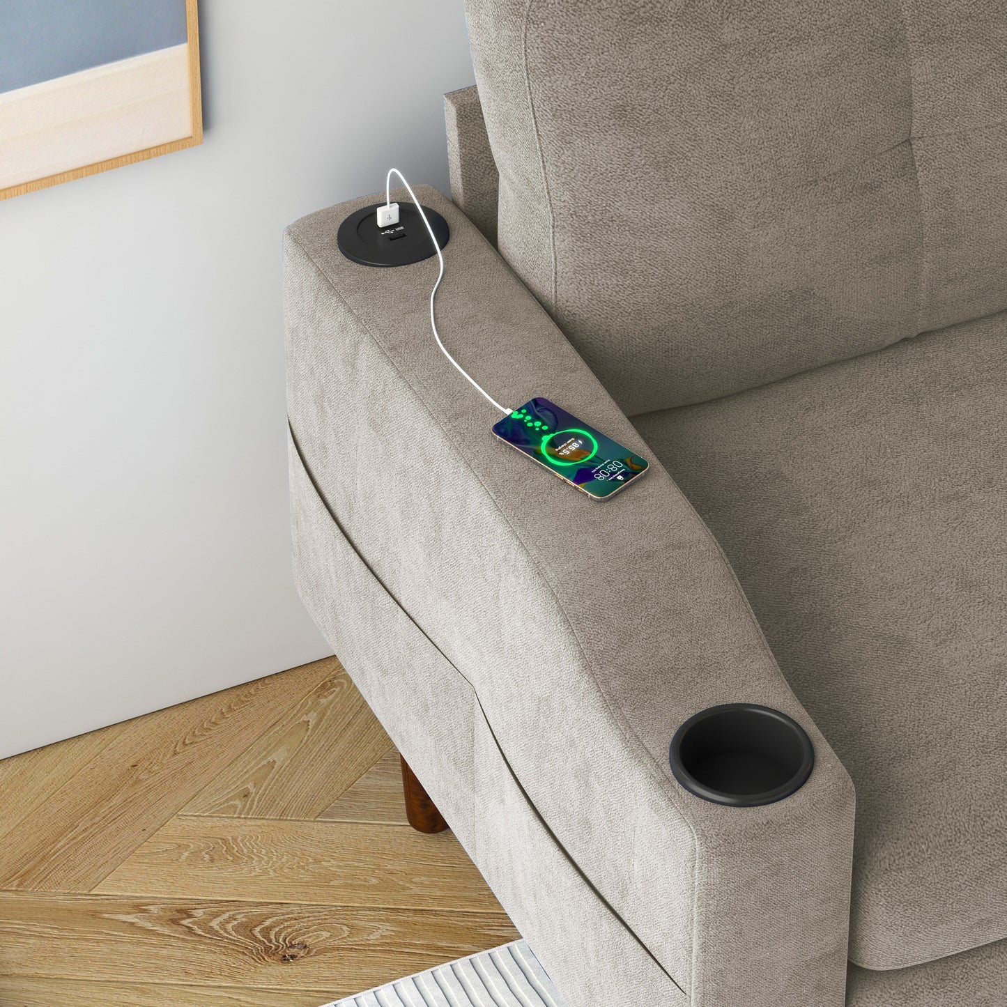 Canapé convertible 3 places en L en tissu de 78 po avec rangement, port USB et porte-gobelet