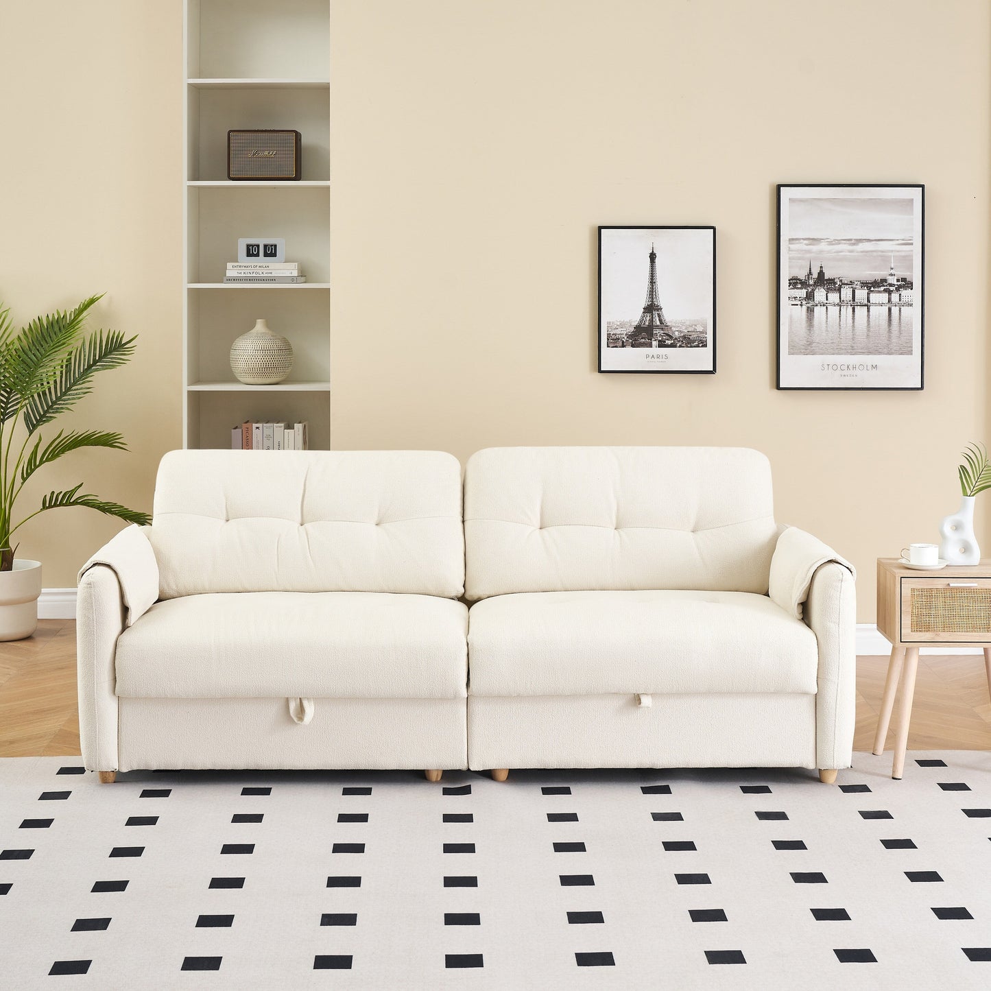 Tissu de canapé en coton et lin Teddy de 79,50 pouces de long, avec pieds longs coniques en métal, bande métallique assortie, élégant et simple - Beige