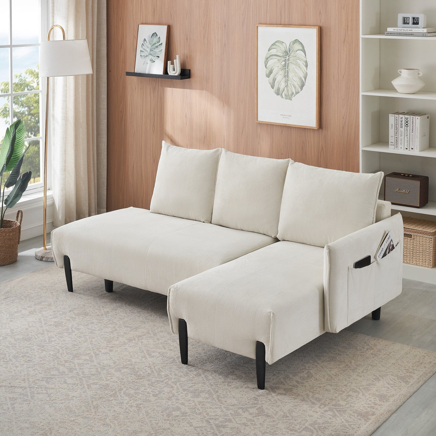 Canapé en velours côtelé beige 79,5 avec 3 coussins pour appartement ou bureau