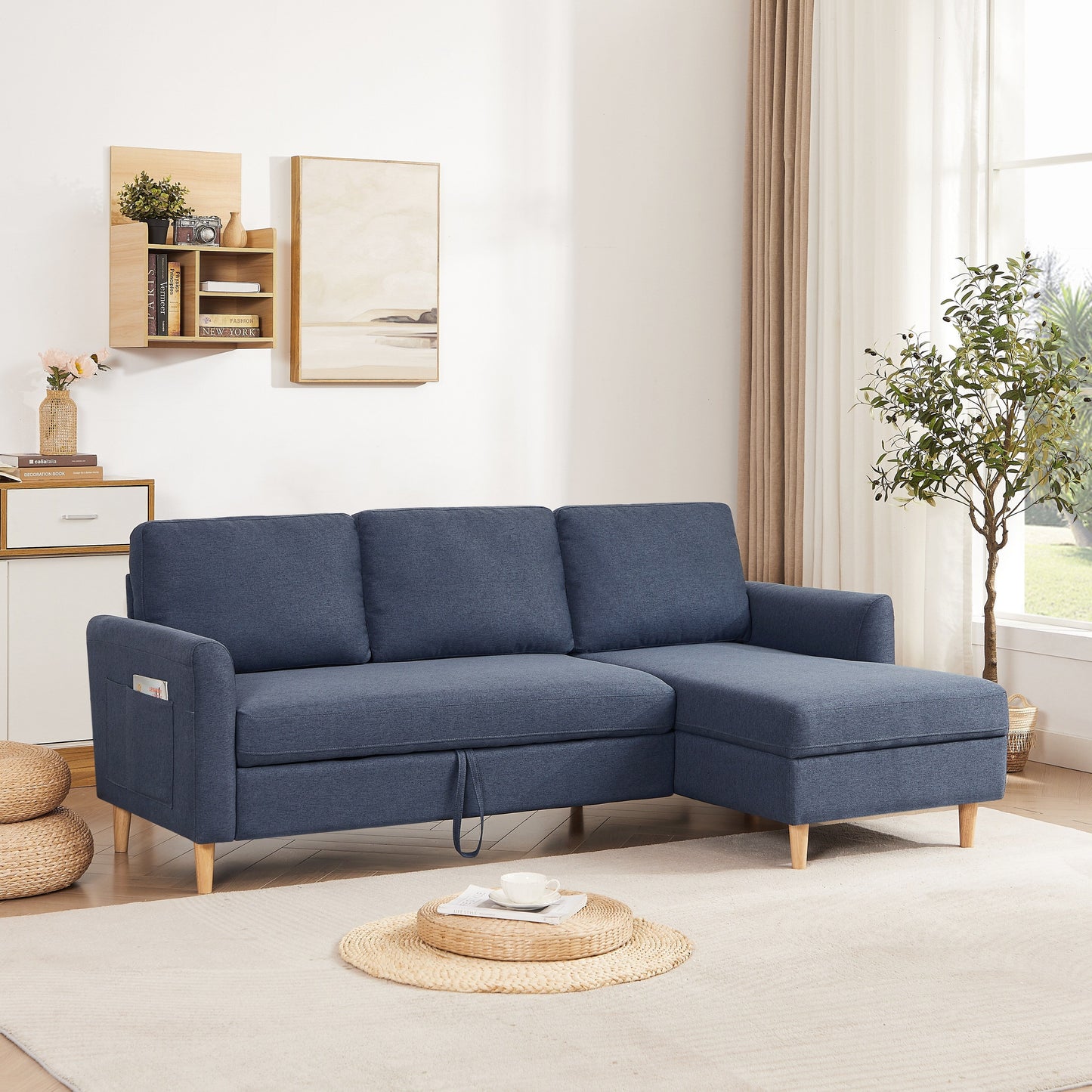 Canapé 3 places en tissu réglable en forme de L de 79,5 po avec lit gigogne et méridienne de rangement