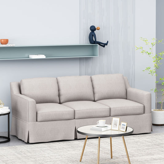 Canapé 3 places en tissu rayé avec accoudoirs encastrés et jupe pour salon