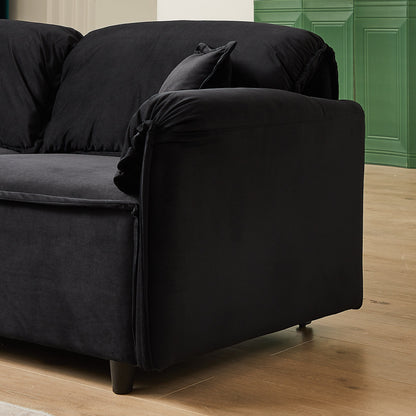 Canapé inclinable 3 places en velours avec 2 coussins, structure en bois massif et ressorts sinueux.