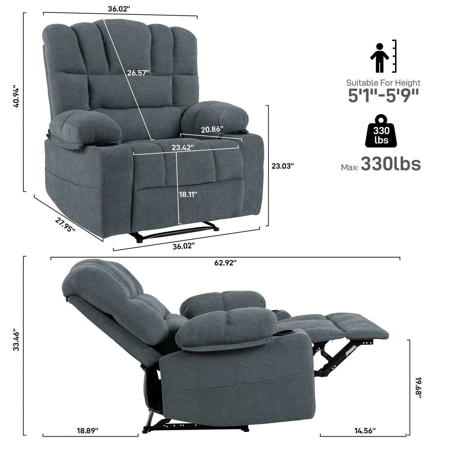 Fauteuil inclinable massant 8 points, fauteuil de salon robuste avec chauffage et vibrations, dossier réglable et porte-gobelets