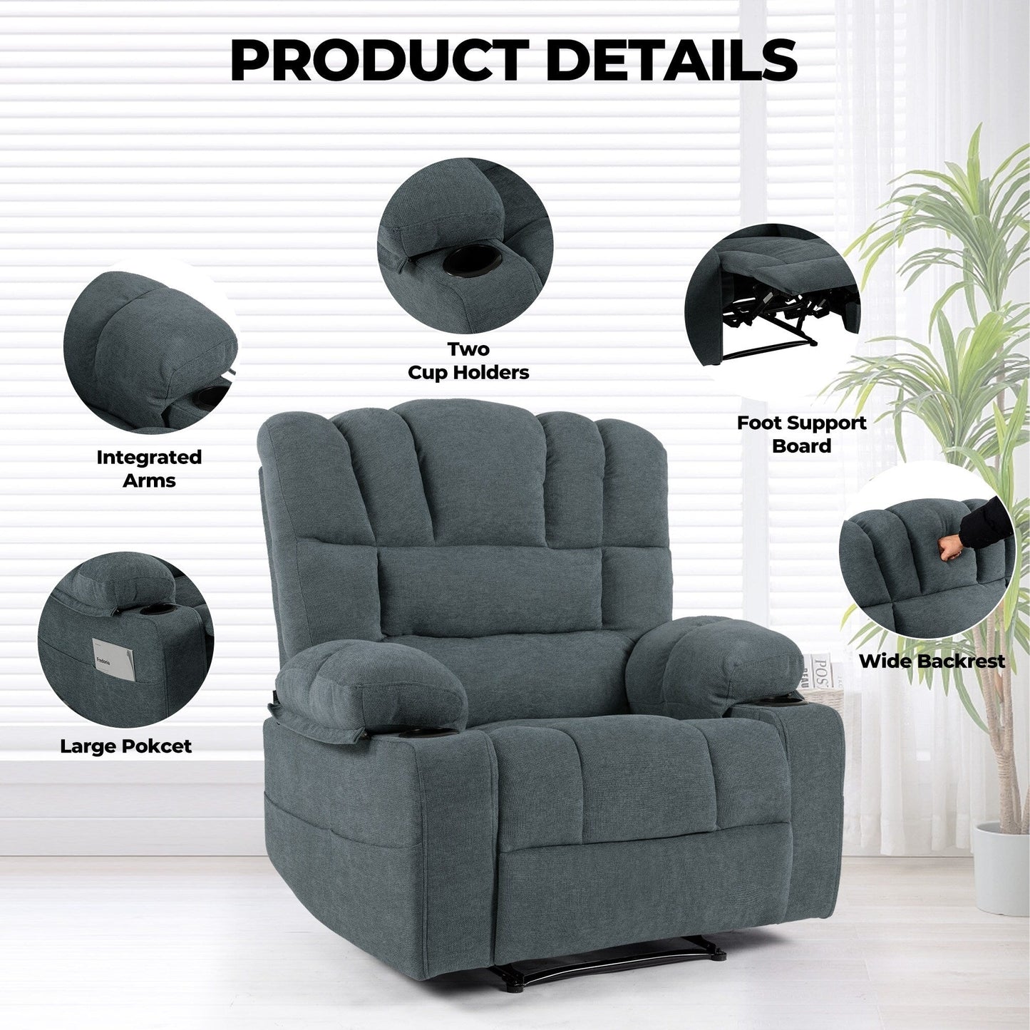 Fauteuil inclinable massant 8 points, fauteuil de salon robuste avec chauffage et vibrations, dossier réglable et porte-gobelets