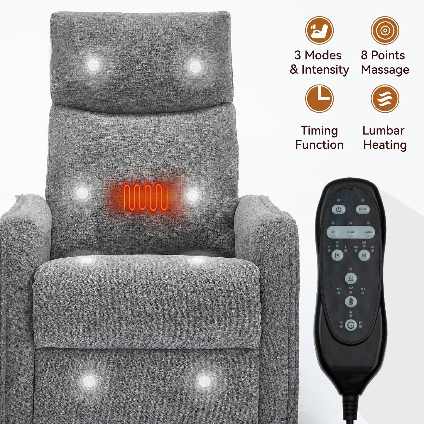 Fauteuil de massage pivotant à 360° avec vibrations en 8 points, dossier réglable, inclinable manuel, avec massage et chauffage lombaire