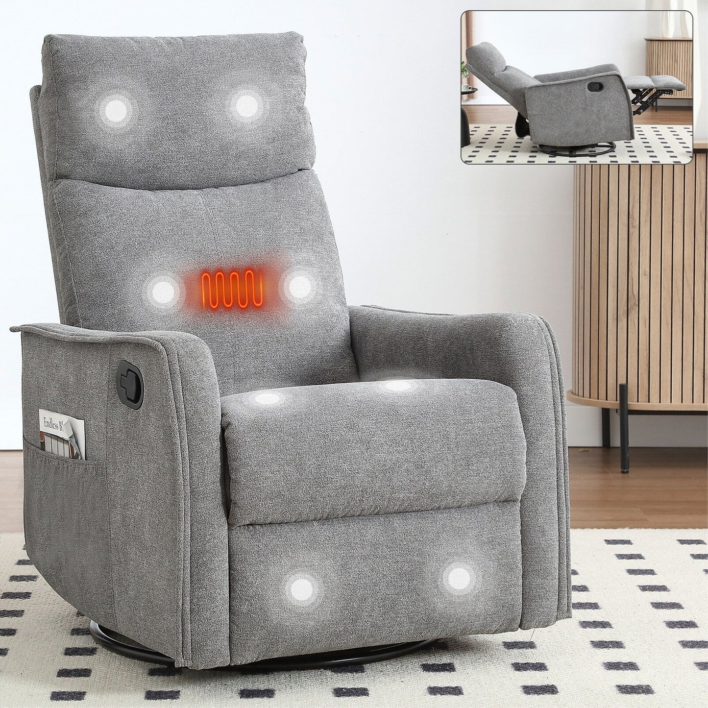 Fauteuil de massage pivotant à 360° avec vibrations en 8 points, dossier réglable, inclinable manuel, avec massage et chauffage lombaire