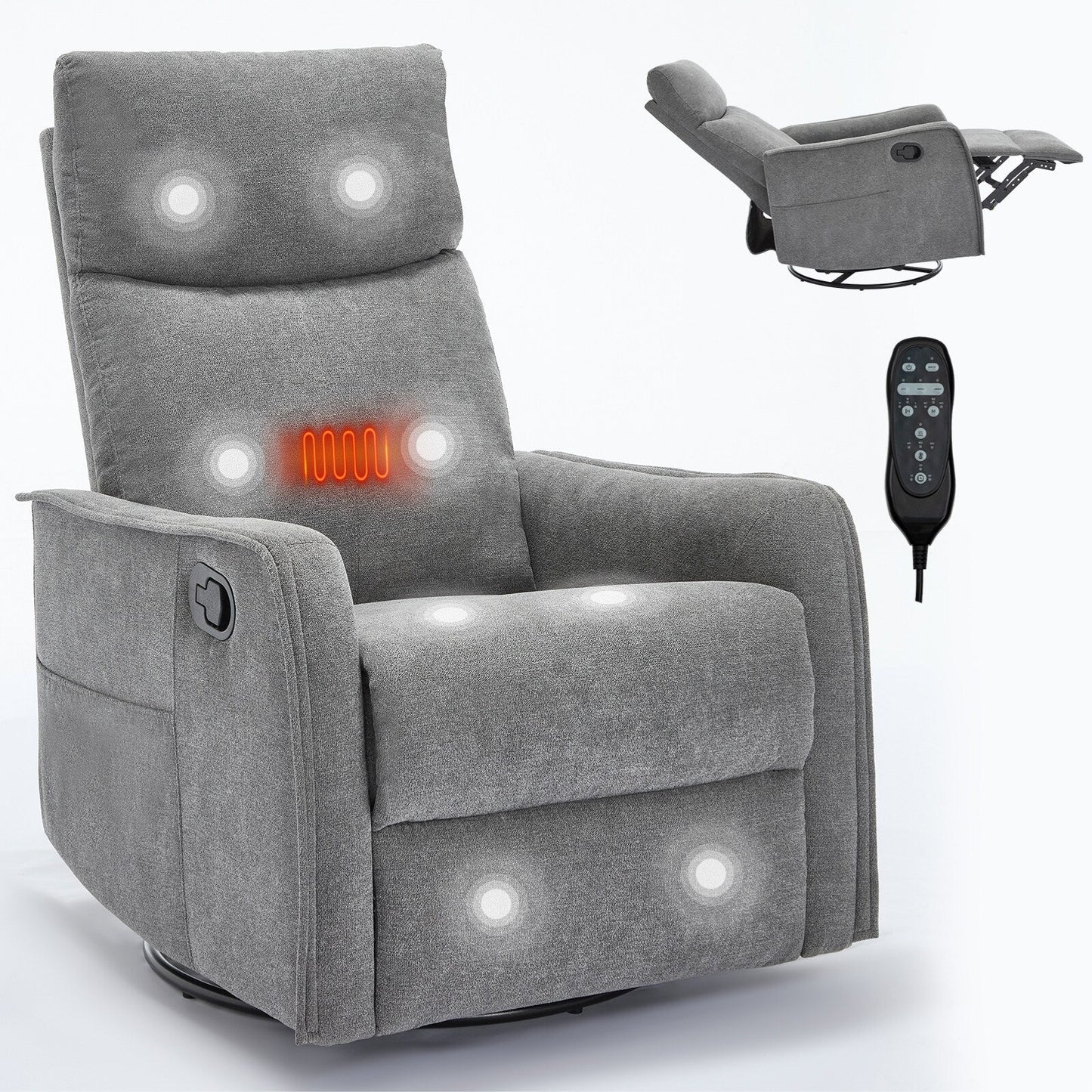 Fauteuil de massage pivotant à 360° avec vibrations en 8 points, dossier réglable, inclinable manuel, avec massage et chauffage lombaire