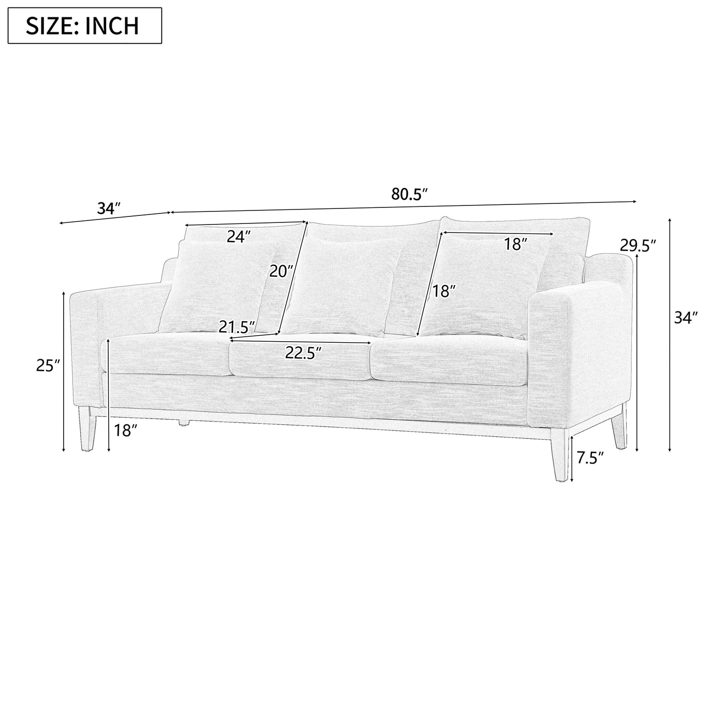 Canapé 3 places en polyester 80,5 pouces, finition bois massif – Confort haut de gamme pour salon ou bureau
