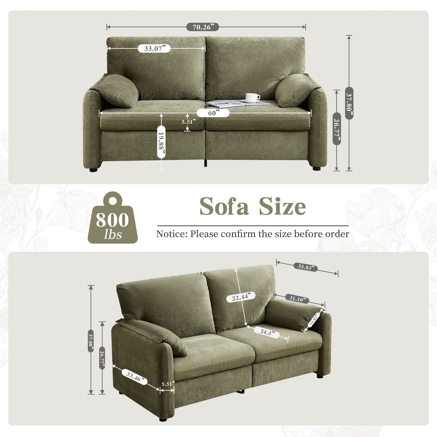 Canapés en duvet de 800 lb, canapé minimaliste de 60 pouces, avec plusieurs couleurs pour le salon et la chambre