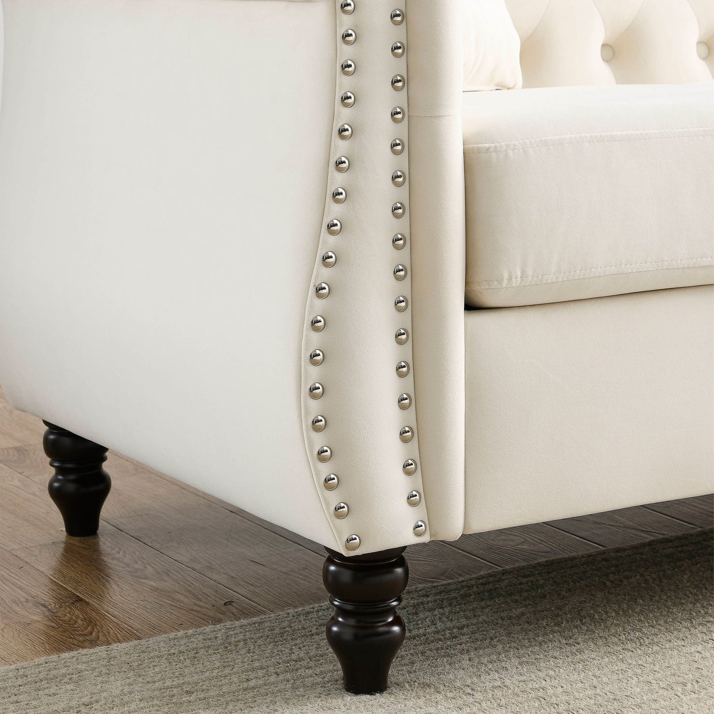 Canapé Chesterfield 3 places en velours 80 avec motif capitonné, garniture cloutée et 2 coussins