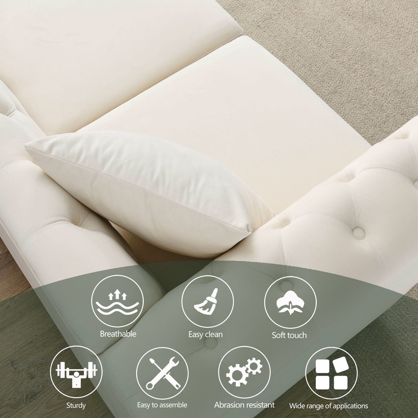 Canapé Chesterfield 3 places en velours 80 avec motif capitonné, garniture cloutée et 2 coussins