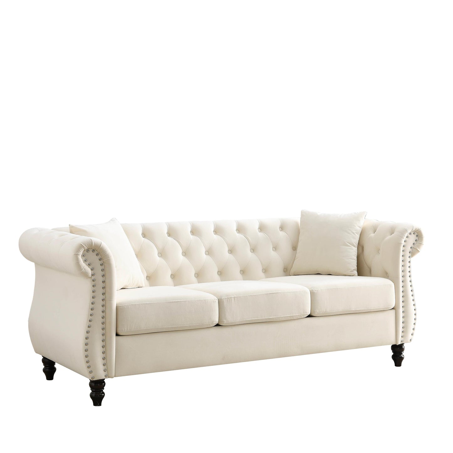 Canapé Chesterfield 3 places en velours 80 avec motif capitonné, garniture cloutée et 2 coussins