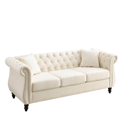 Canapé Chesterfield 3 places en velours 80 avec motif capitonné, garniture cloutée et 2 coussins
