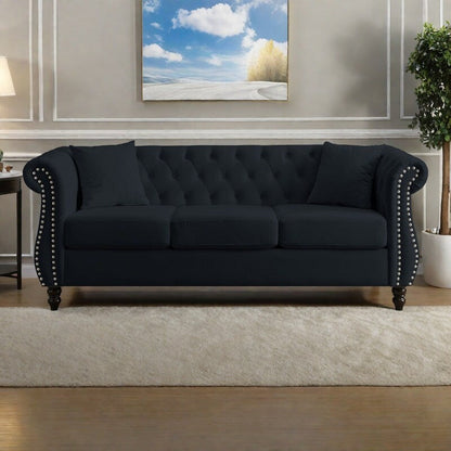 Canapé Chesterfield 3 places en velours 80 avec motif capitonné, garniture cloutée et 2 coussins